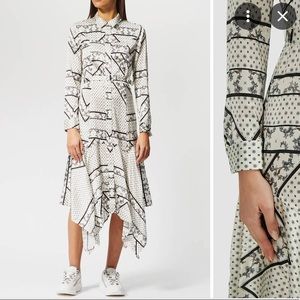 GANNI Silk Stretch Satin Egret Print Midi Dress